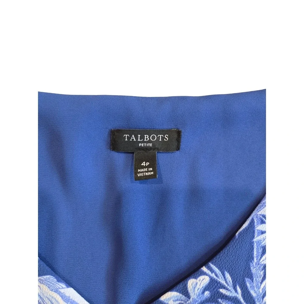 Talbots Petite Blue White Floral Toile Fit & Flare V-Neck Belted Dress 4P - Picture 4 of 4